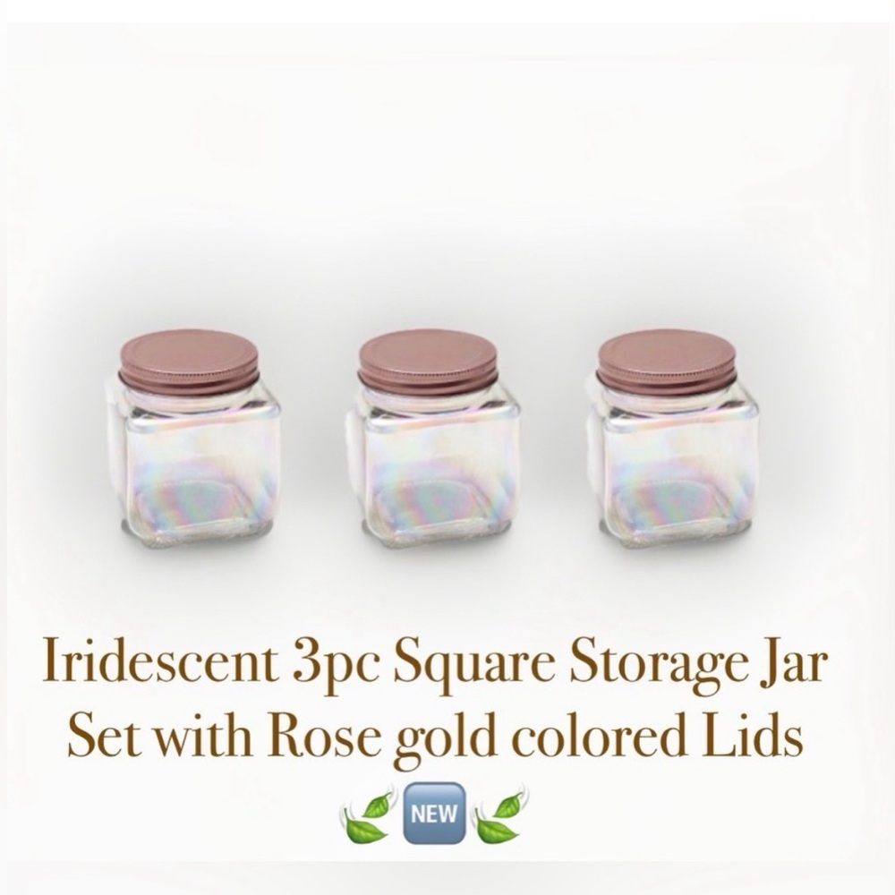 Square Iridescent glass jar with a rose gold lid Set of 3 ~New~